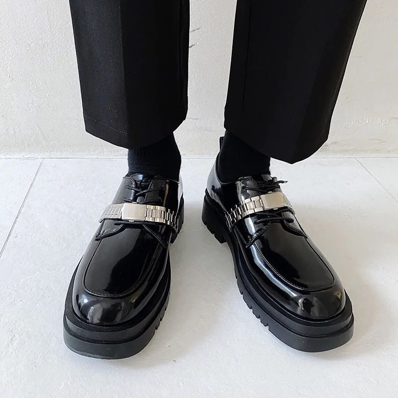 Bmante Men Shoes Leather Slip-On Flatform Metal Chain Black Owen Shoes Japan Style Fashion Spring Party Dress Male shoes