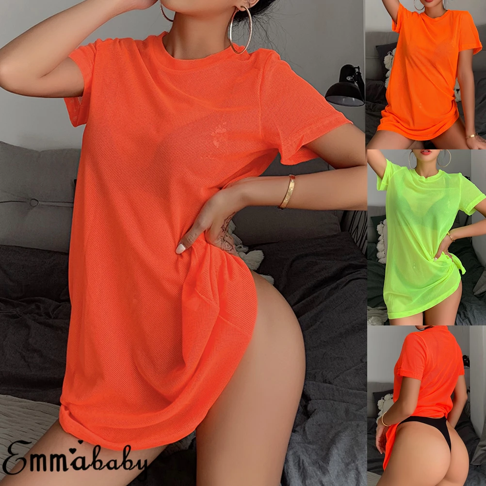 

Sexy Women Sheer Mesh Bikini Cover Up Swimwear Swimsuit Bathing Suit See Through Short Sleeve T-Shirt Tops Summer Beach Dress