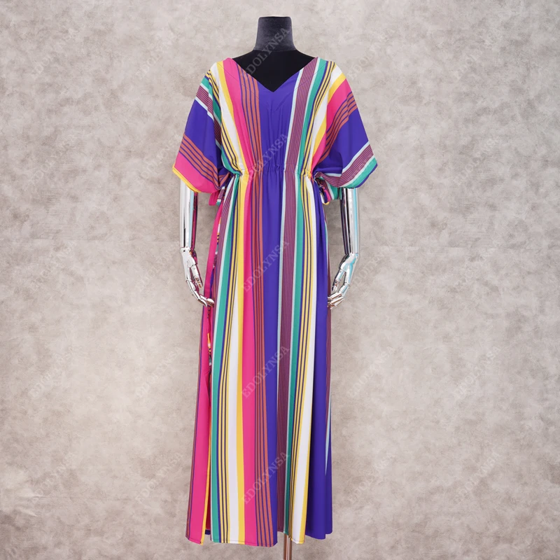 2021 в богемном стиле разноцветные полоску с v-образным вырезом высокой талией