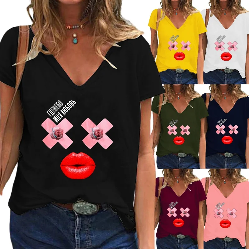 

New Women's Summer Fashion Printed T-shirt Casual Short Sleeve V-neck Tee Loose Pullover Blouse Tops