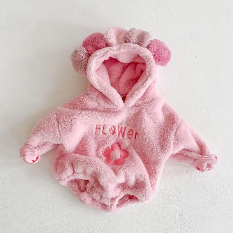 Зимние для маленьких девочек Боди малышей Плюшевые Уши утепленный комбинезон