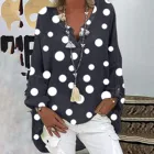 Женская льняная блузка в горошек, Повседневная Свободная блузка из хлопка с длинным рукавом и V-образным вырезом, элегантный пуловер, кофта, 40 #