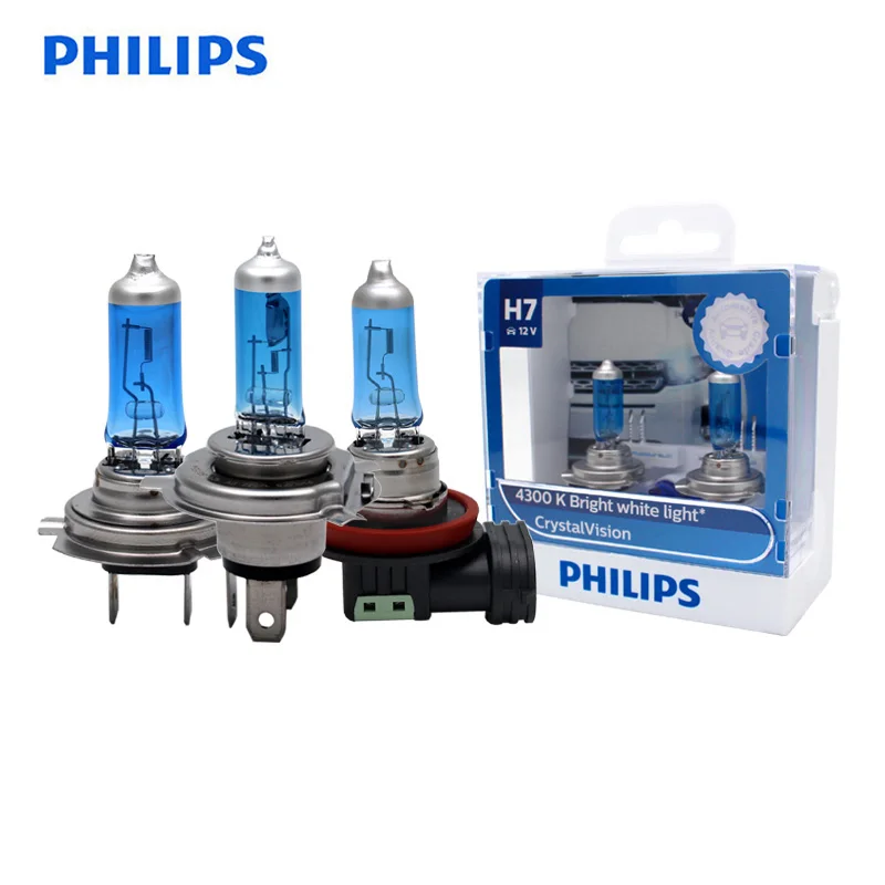 

Philips H1 H4 H7 H11 9005 9006 12V Crystal Vision 4300K Bright White Light Halogen Car Head Light Fog Lamps +2x T10 Bulbs, Pair