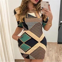 2019 cross border hot style print short sleeve waist trimming buttock lifting round neck dress for ladies in summer mid length