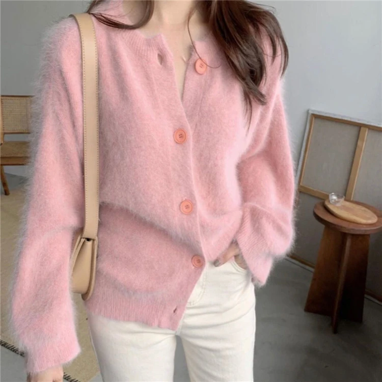 

JSXDHK Fashion Chic Autumn Winter Soft Mink Cashmere Sweaters Cardigans Women's Pink Button Knitted Korean Loose Knitwear Tops