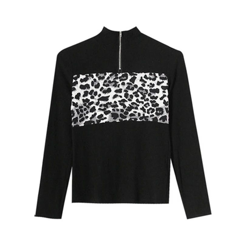 

Patchwork Leopard Print Tshirt Zipper 2020 Spring Autumn Turtleneck High Street Women Long Sleeve Tops Outside bottoming shirt