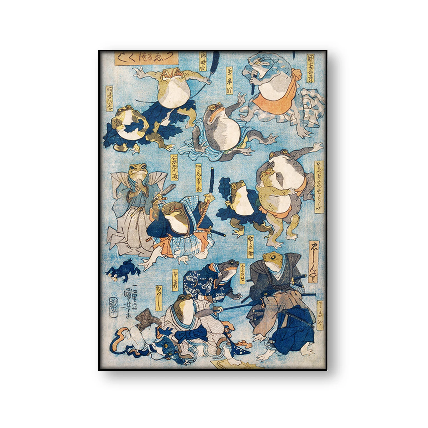 

Vintage Frog Poster Art Canvas Print Famous Heroes Kabuki Stage Played by Frogs Japanese Woodblock Wall Art Canvas Painting