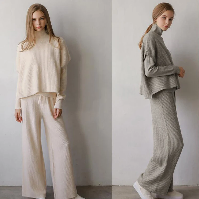 Женский костюм свитер комплект OL стиль водолазка пуловер + жилет свободные штаны