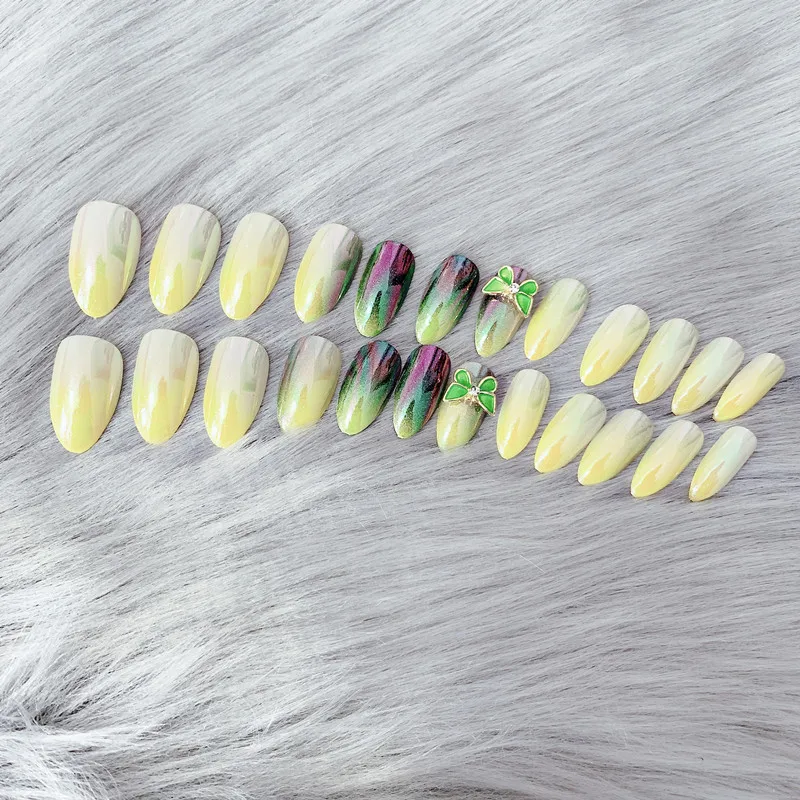 

24pcs/set latest yellow color gems elegant Acrylic resin full cover False Nail resin Fake Nails art Tips Sticker with GLUE