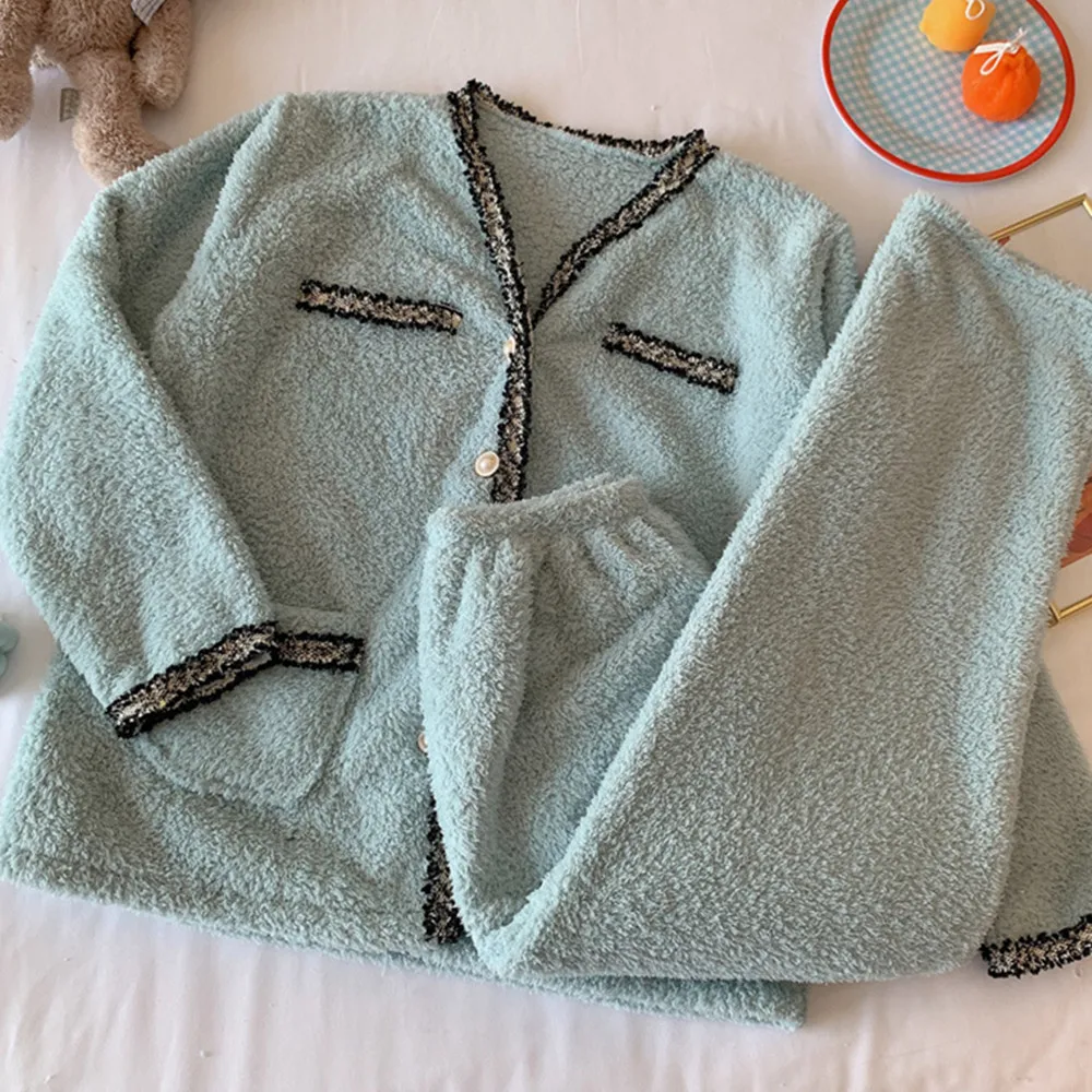 

Fdfklak Womens Winter Set Pyjama Thicken Warm Flannel Home Clothes For Girls 2 PCS Cardigan Sleep Pajama Pijama Femenino