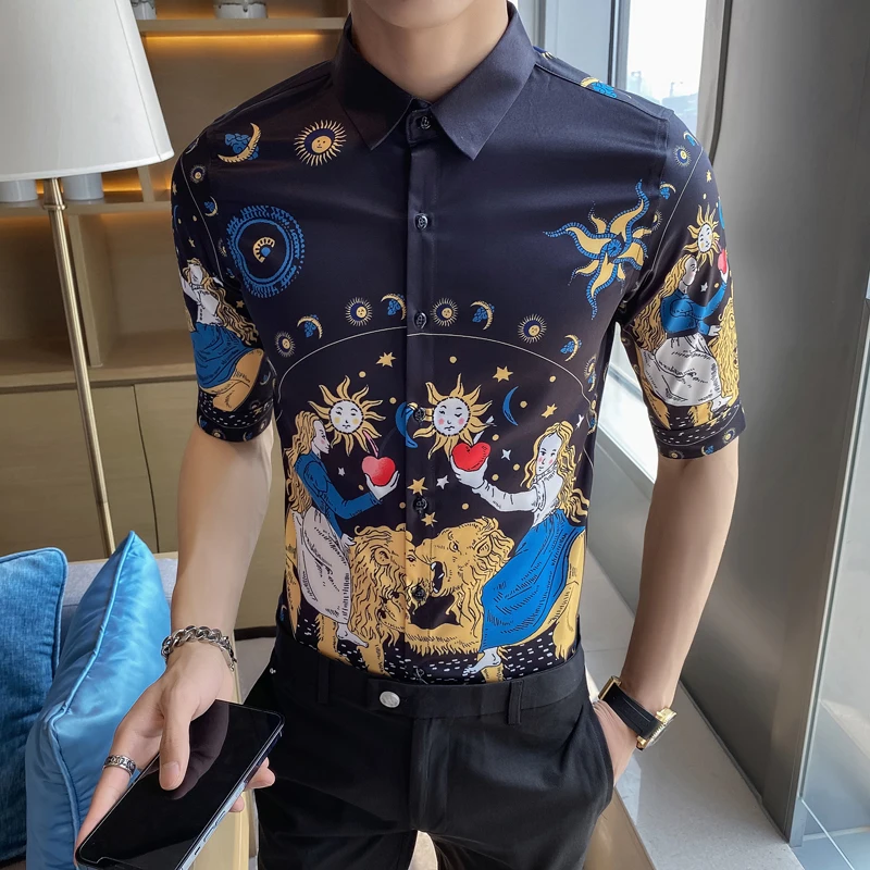 

Loldeal British Style Half-sleeved Shirt Men Slim and Comfortable Printing Casual Buttons