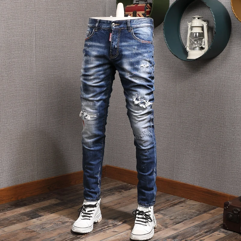 

Italian Style Fashion Men Jeans Retro Blue Elastic Slim Fit Ripped Jeans Men Brand Designer Hip Hop Splashed Printed Denim Pants