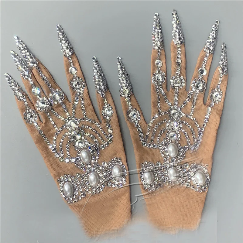

Silver DJ Party Rhinestone Full Rhinestone Gloves Performance Jazz Stage Gloves Rave Costume Accessories XS1218