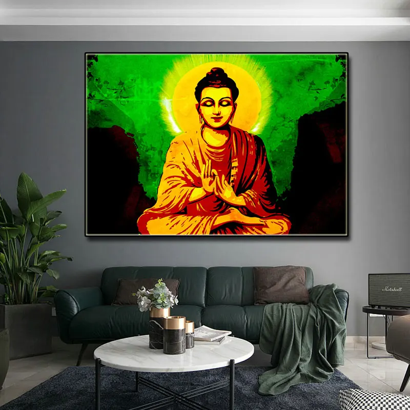 

Golden Buddha Statue Canvas Painting Marble Buddha Print Poster Buddhist Religious Faith Wall Art Picture for Living Room Decor