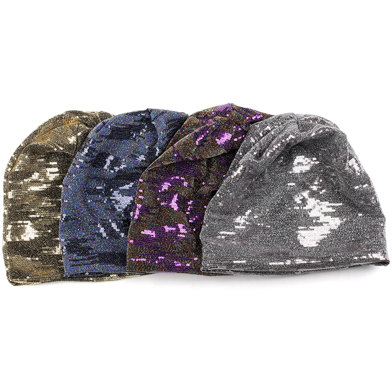 

Модная зимняя Осенняя шапка бини, блестящие шапки с черепом с круглыми разноцветными блестками, аксессуары для взрослых, женские облегающи...