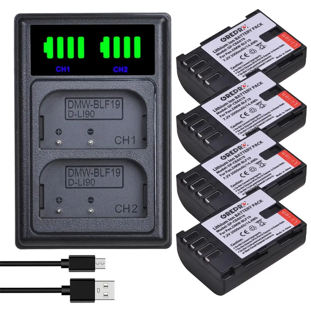 

4Pcs 1860mAh DMW-BLF19 BLF19 Battery + LED Dual Charger for Panasonic Lumix DMC-GH3 GH3A GH3H GH3K DMC-GH4 GH4H DC-GH5 GH5S