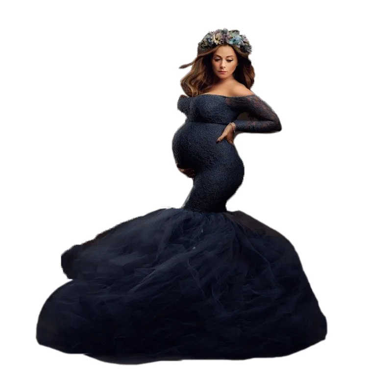 

Elegant Lace Shoulderless Pregnancy Dress Photography Long Sleeve Mesh Maternity Maxi Gowns For Photo Shoot Pregnant Women Dress