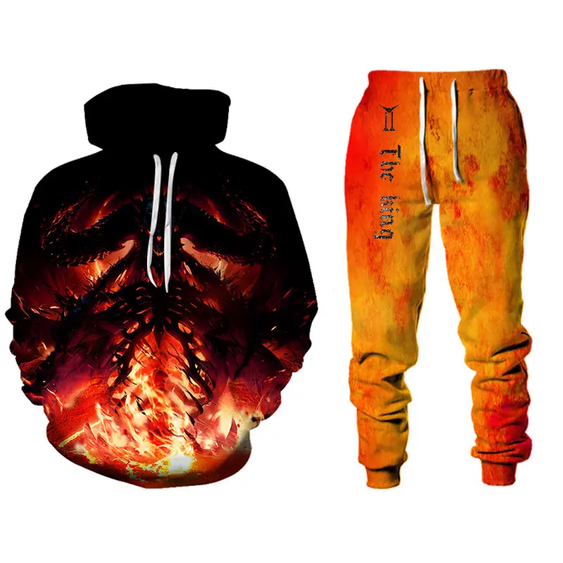 

New Hoodie Men's Hooded Suit Sportswear Oversized Jogging Long Sleeve Trousers Two-piece Lava Monster Print Casual Fashion Brand
