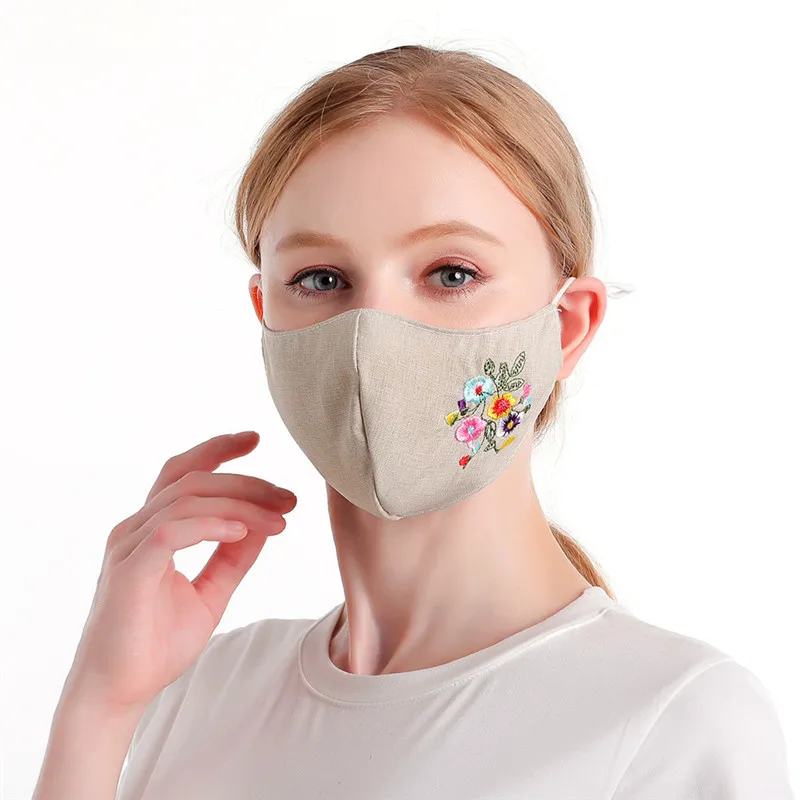 

Embroidery Cotton Face Mask Adult Mouth Cap Washable Reusable Mascarillas Dust-proof Protection Face Cover Adjustable Masque