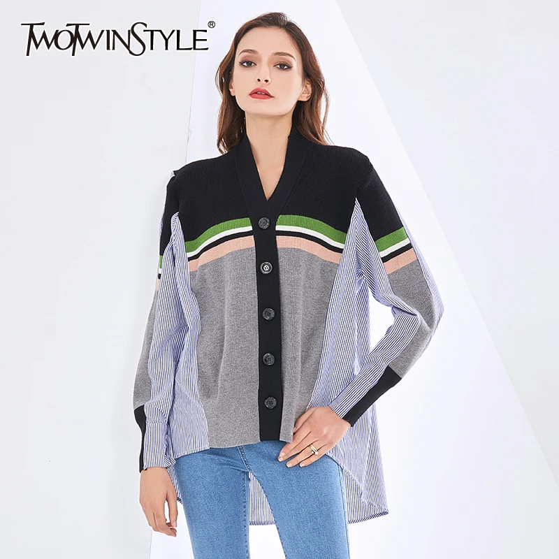

TWOTWINSTYLE Irregular Shirts For Women V Neck Lantren Long Sleeve Loose Patchwork Knitting Blouses Female Autumn 2020 Clothing