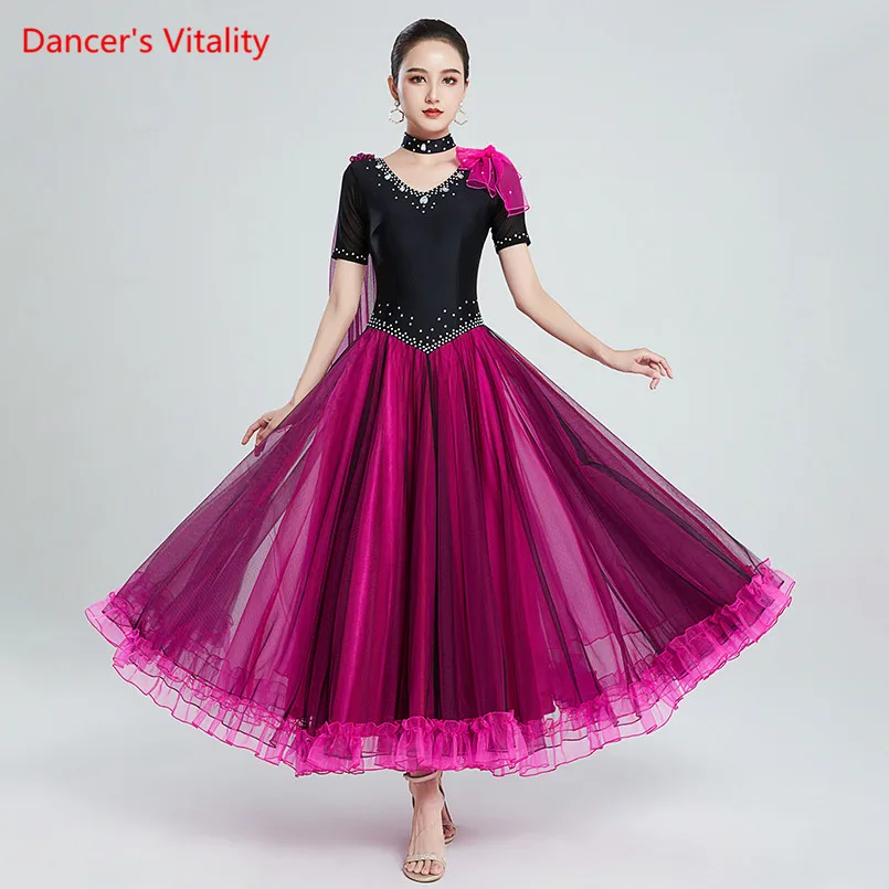 

Платье для бальных танцев Waltz с V-образным вырезом и пышной юбкой со стразами, одежда для выступлений, женская одежда для профессиональных со...