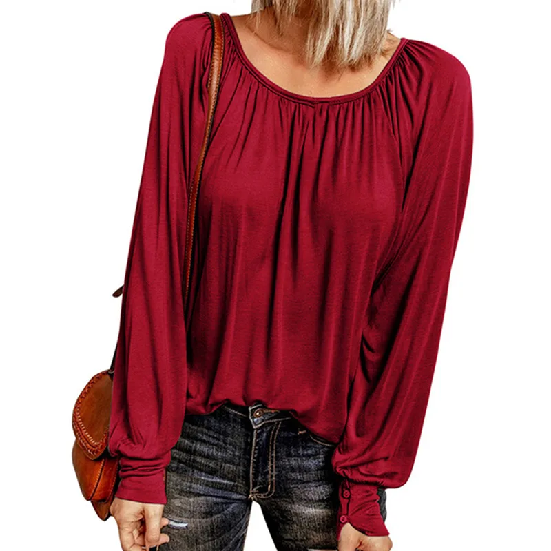

Women's Fashion Solid Color Round Neck T Shirt Blouse Sleeve Loose Pleated Tops Basic Autumn Commuter Office Long Sleeve