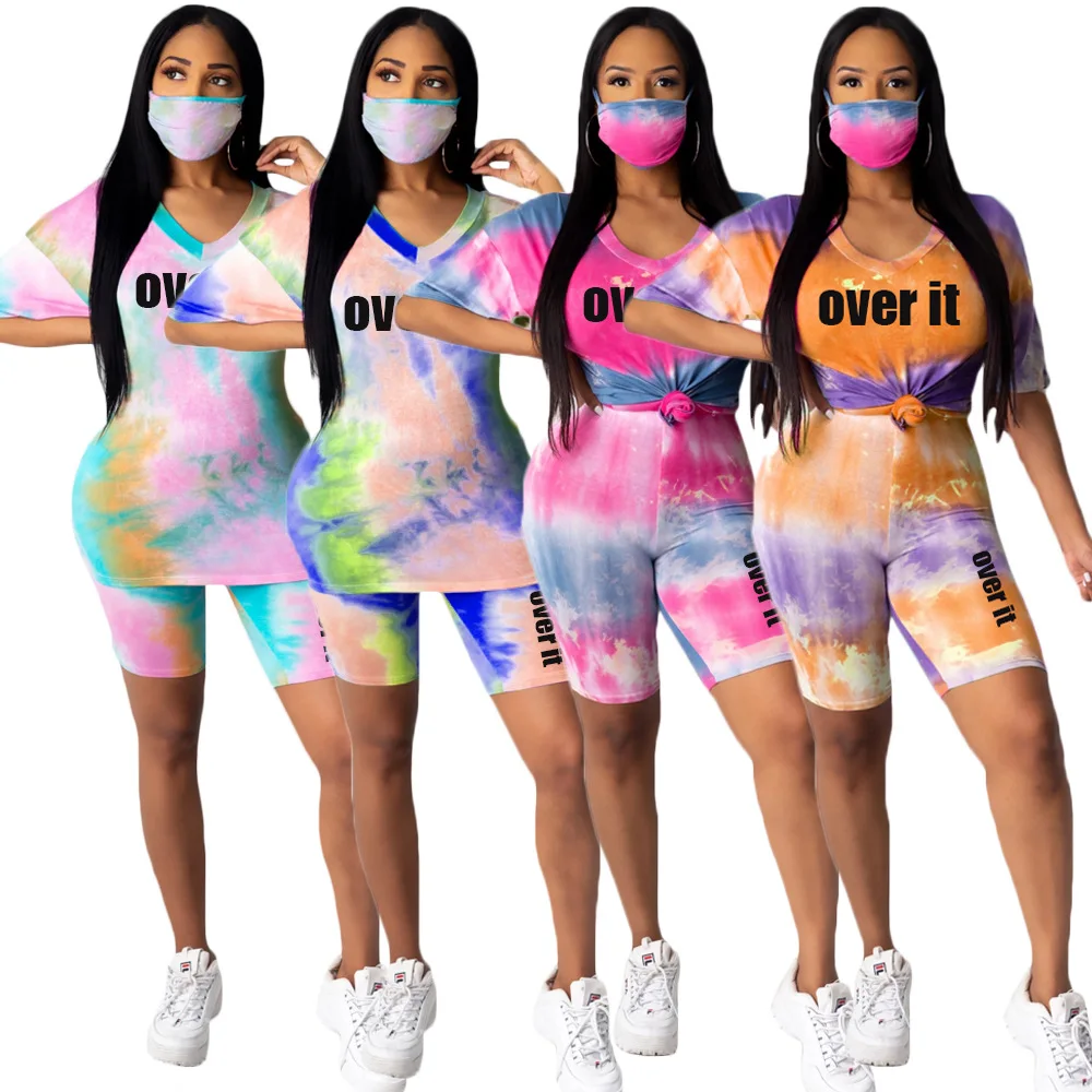 

2020 special design tie-dyed round neck short sleeve monogram top and hot shorts 2 pieces set casual lady fashion women outfits