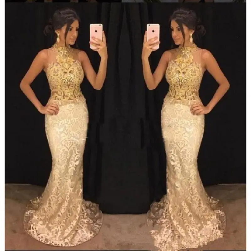 

Sexy Gold Mermaid Prom Dresses Long 2021 vestido de festa Sheer Lace Evening Gowns Formal Women Imported Party Dress