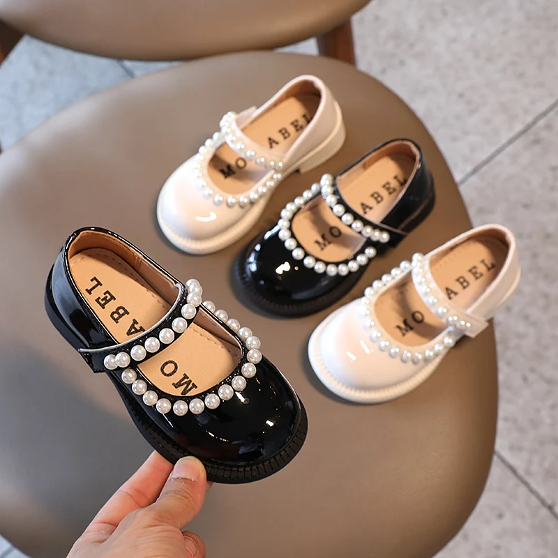 

Girls Beading Leather Flats 2021 Fashion Kid's Single Shoes Children's Non-slip Black Princess Leather Shoes Size 22-31
