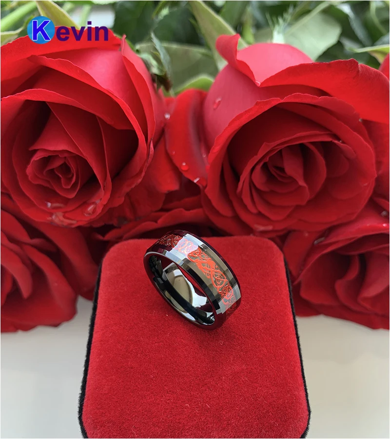 Mens Womens Engagement Wedding Rings Tungsten Ring With Black Carbon Fiber And Red Dragon Inlay | Украшения и аксессуары