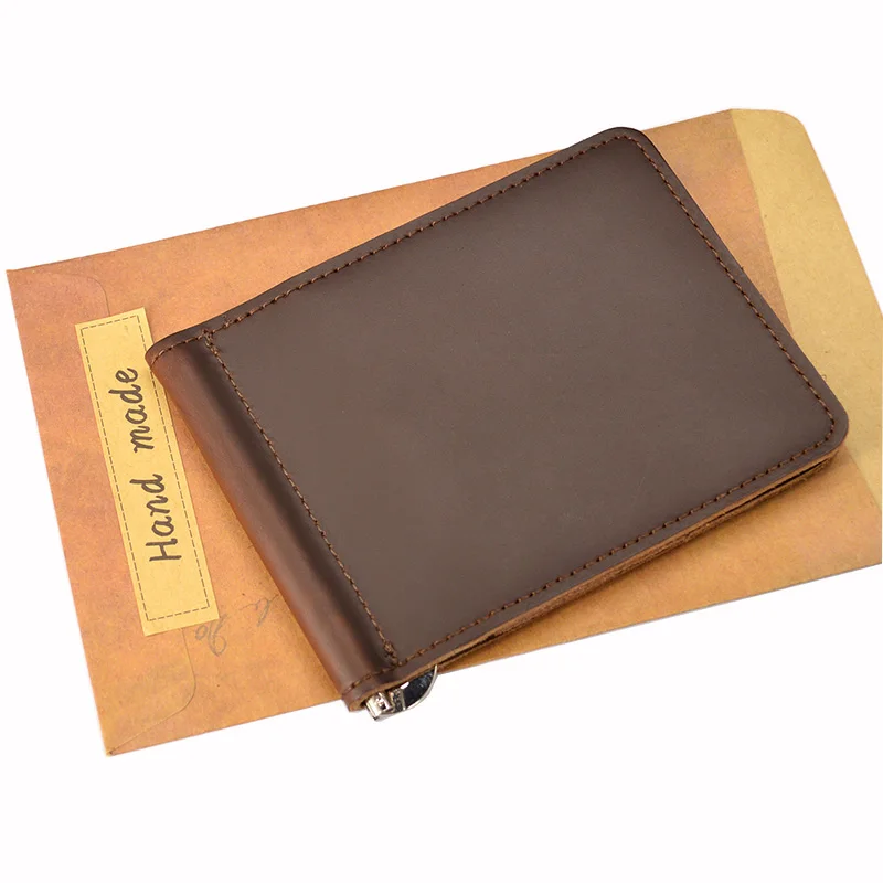 Винтажный кожаный кошелек ручной работы с зажимом для денег минималистичный