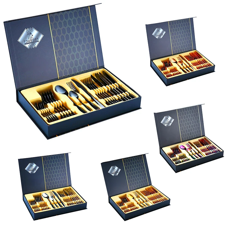 

24pcs Gold Dinnerware Set Gold-plated Stainless Steel Portuguese Knife Fork Spoon Golden Gift Box Kitchen Tableware Cutlery