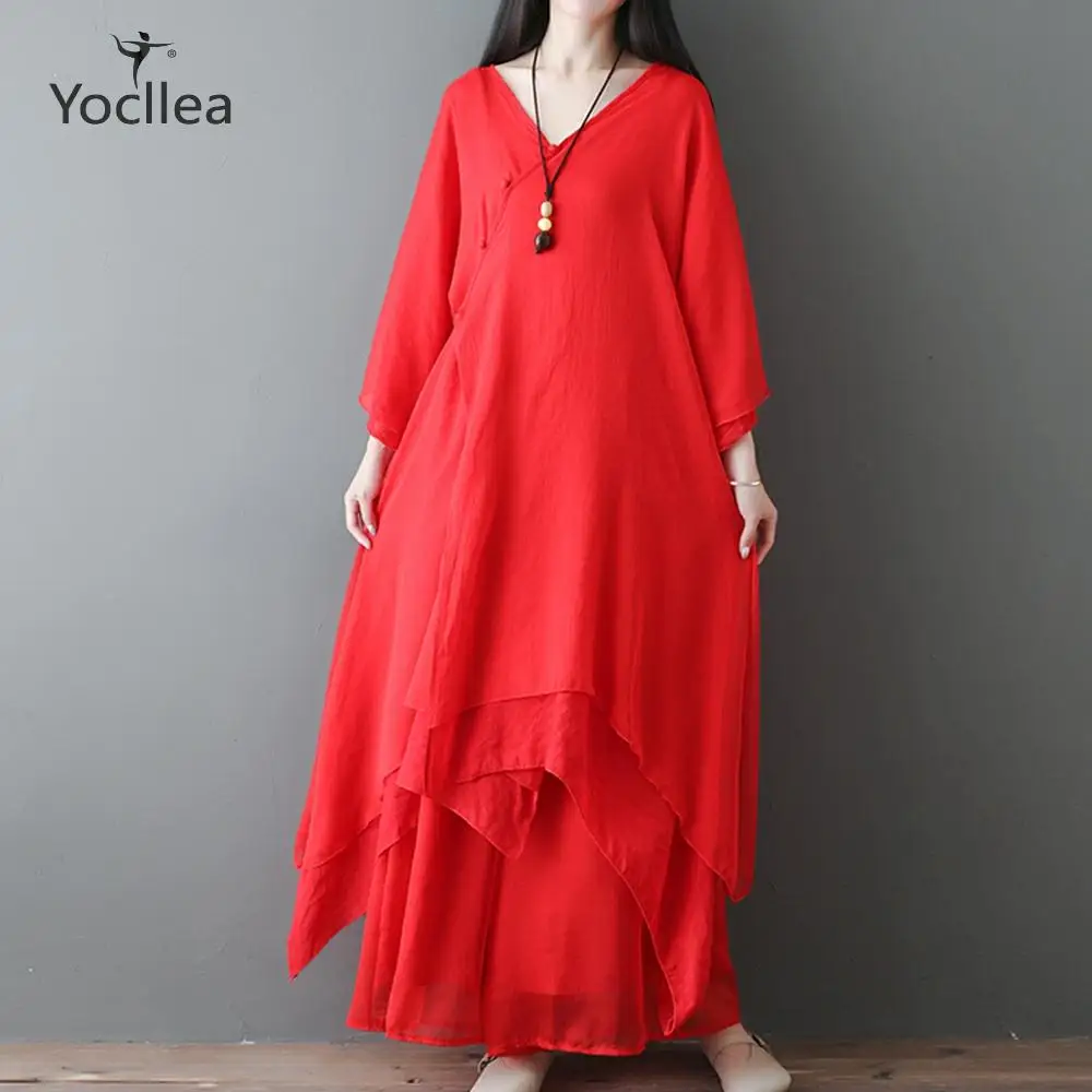 

Summer Women's sets 2 Piece Suit Ladies Loose Casual Zen Dance Dress Wide Leg Pants Two Piece Sets Thin
