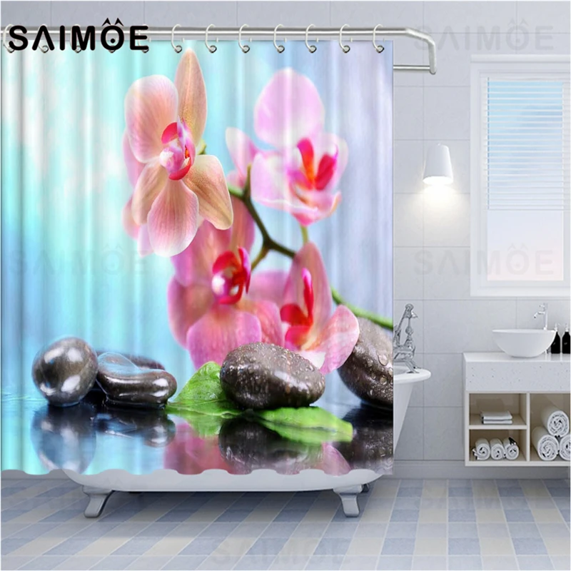 Занавеска для душа SAIMOE с розовыми цветами Штора ванной бабочками ВОДНЫЕ ЛИЛИИ из