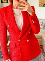 female outerwear double tweed pockets chic coats red stylish turn down jacket collar women elegant fashion breasted double brea