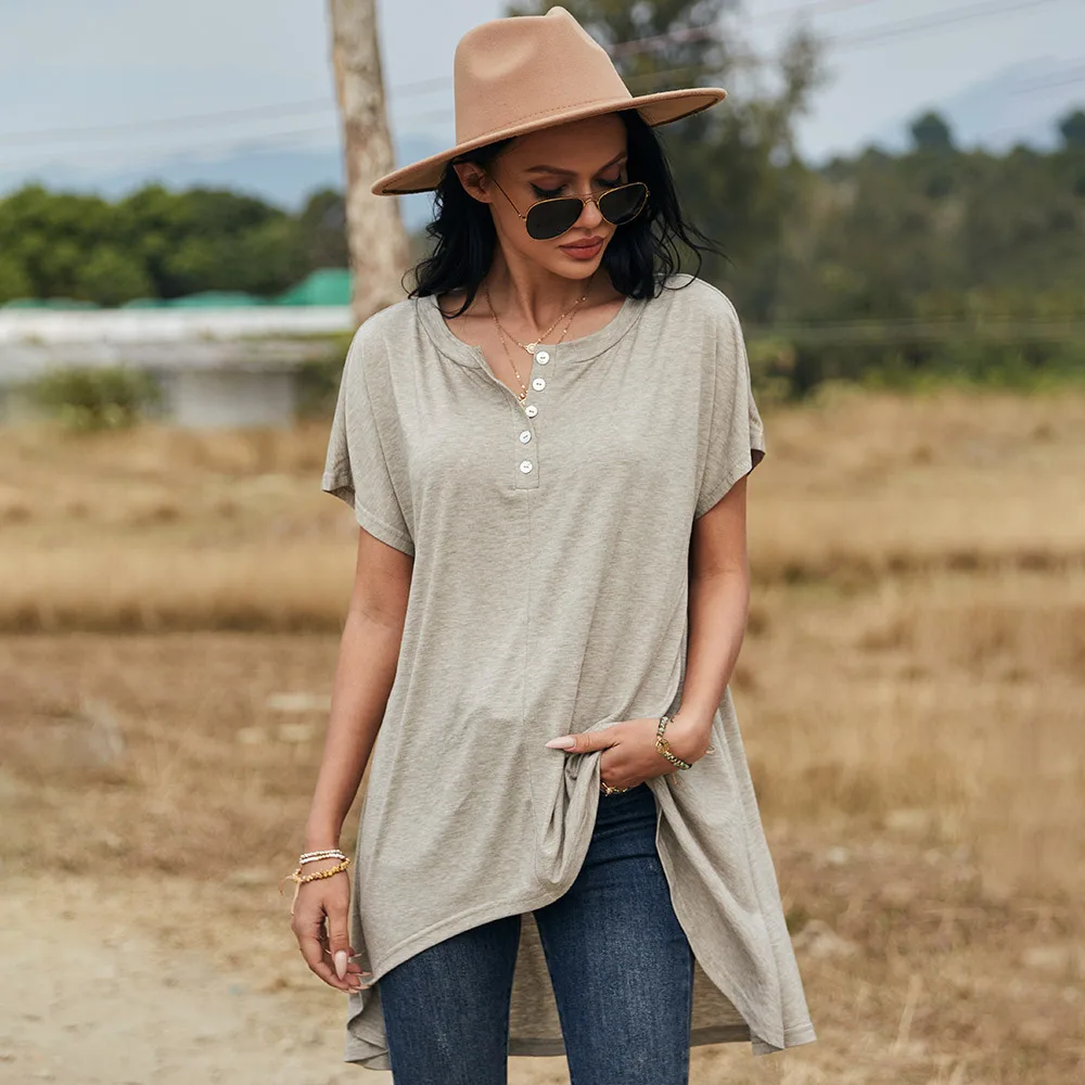 

2021 New Women Summer Long Loose Top Casual Spring Summer Short Sleeve Blouse Ladies Fashion O Neck Button Pullover Tops Khaki