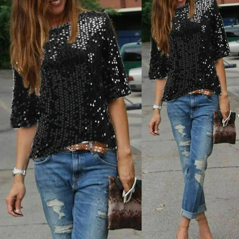 Women Ladies Glistening Sequin Slim T-Shirt Tops Summer Casual Short Sleeve T Shirts | Женская одежда
