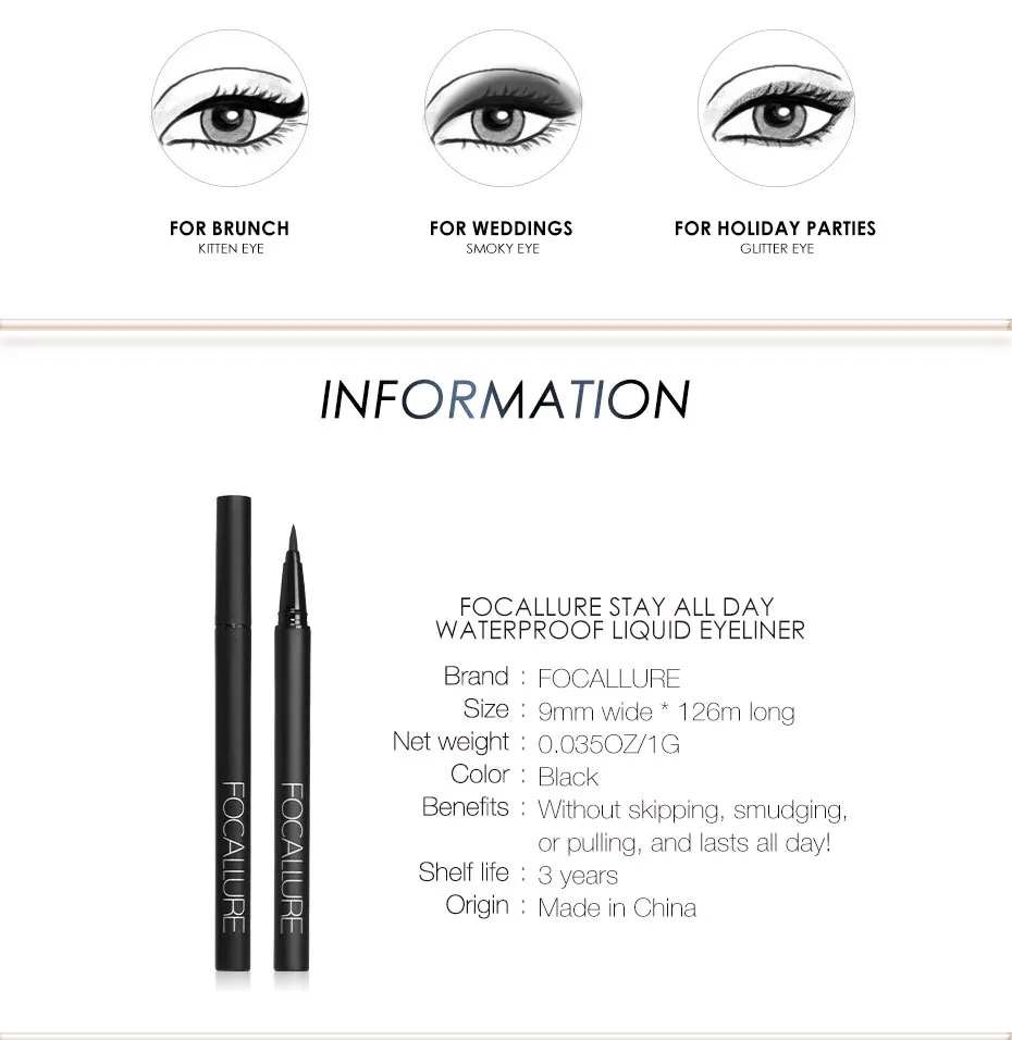 

FOCALLURE Professional Liquid Eyeliner Pen Make up Eye Liner Pencil 24 Hours Long Lasting Water-Proof Eyeliner Cosmetics