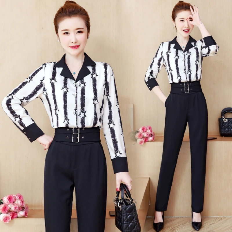 

Офисный комплект одежды из двух предметов, модные черные брюки в полоску, рубашка с длинным рукавом, топ с узкими брюками, корейский стиль