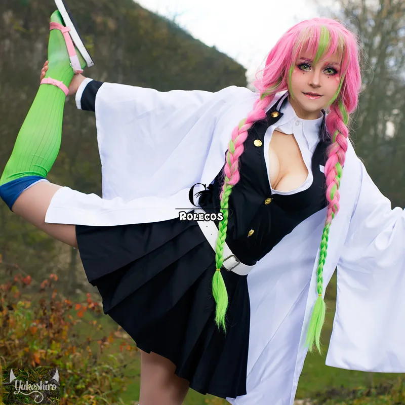 ROLECOS, аниме, Demon Slayer, косплей, волосы, Kanroji Mitsuri, косплей, длинные волосы, Kimetsu no Yaiba, Женские синтетические волосы, розовый, зеленый, коса