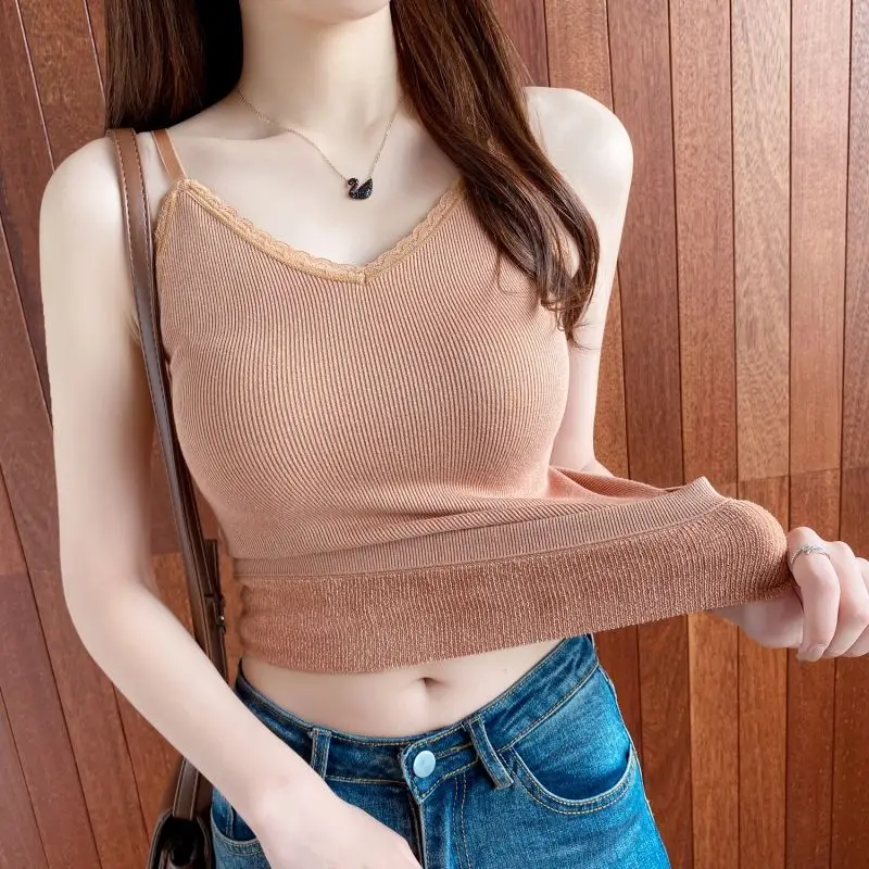 

Women 2021 Winter Fashion Lace V-neck Vest Tops Female Thicken Warm Bottoming Tanks Tops Ladies Thermal Underwear Tops E312