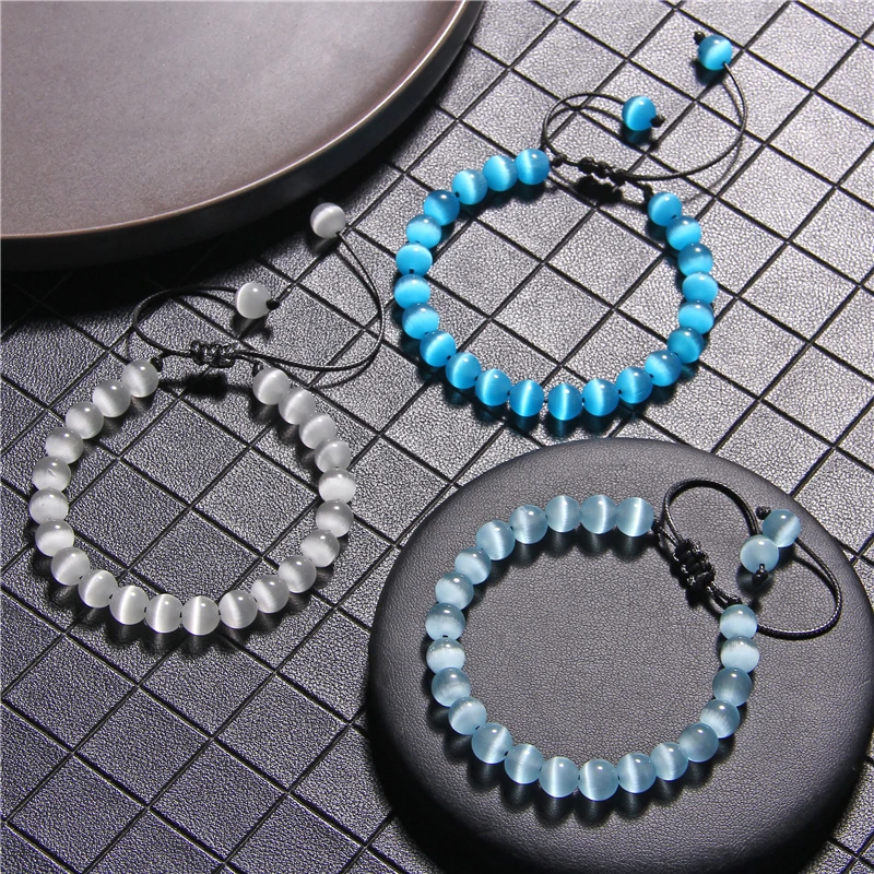 Женский плетеный браслет 8 мм зеленый белый розовый синий с бусинами кошачий глаз