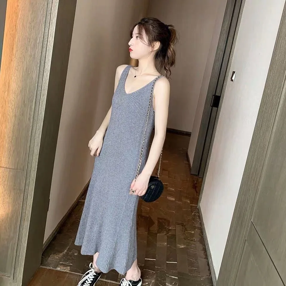 

Women's Spring Summer Style Slim Dress Women's knitted Sleeveless V-Neck Casual A-Line Dress SS1206