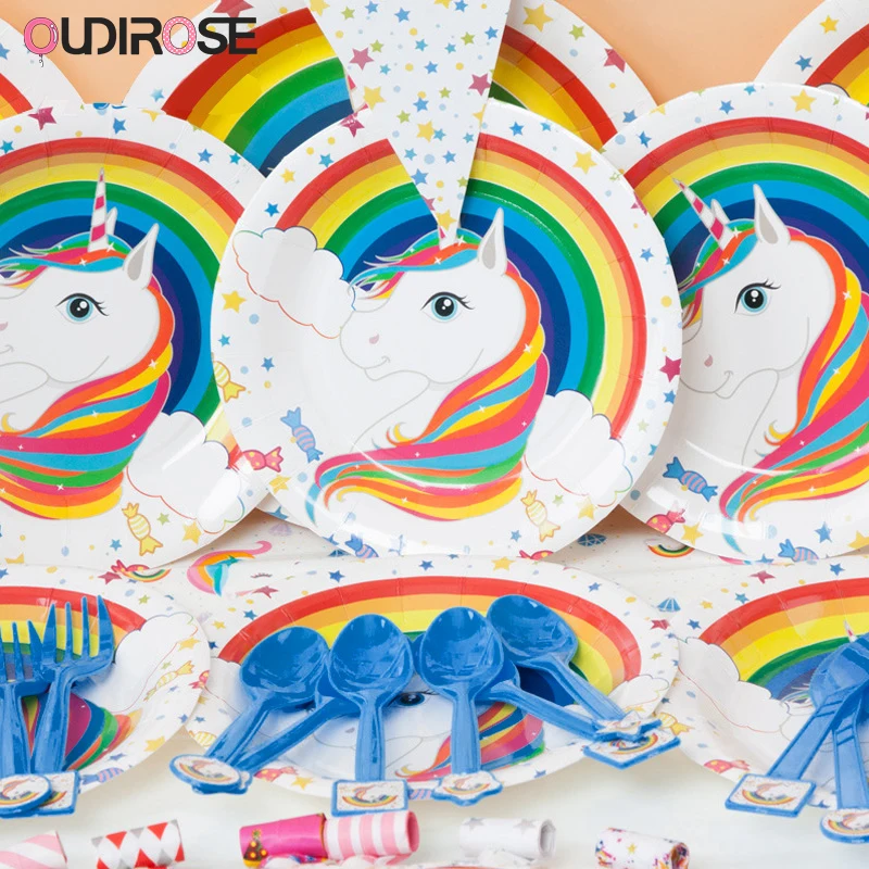 Единорог День Рождения украшения Дети одноразовые набор посуды салфетки торт