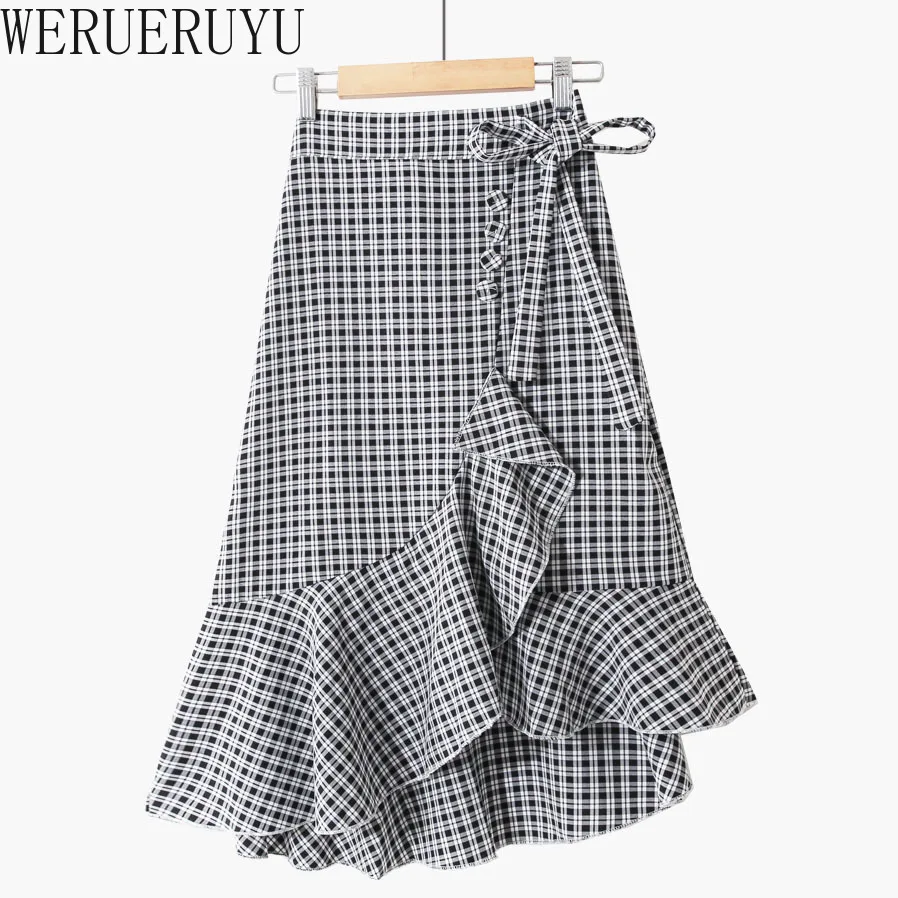 

New Plaid Print Midi Bandage Skirts Womens 2021 Summer Autumn Korean Fashion Casual Clothing High Waist Knee Length Short Skirt