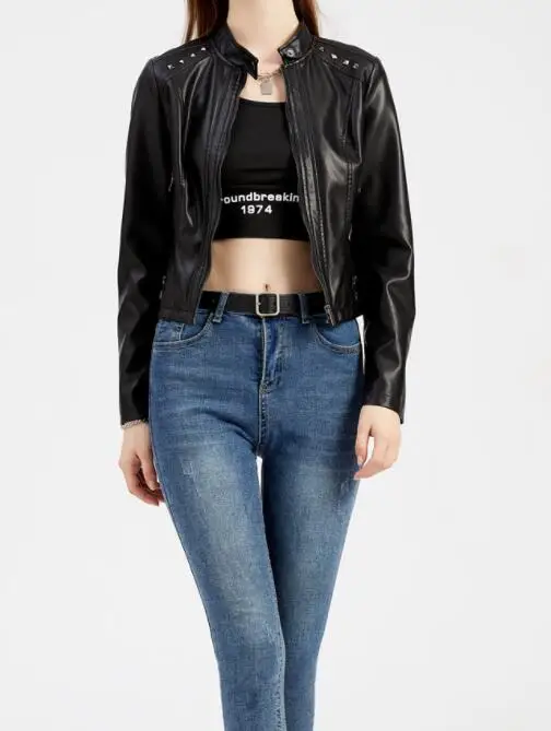 Rivet Short Leather Jackets Women Spring Autumn Long Sleeve Women's PU Leather Coat Thin Fashion Slim Street Coats