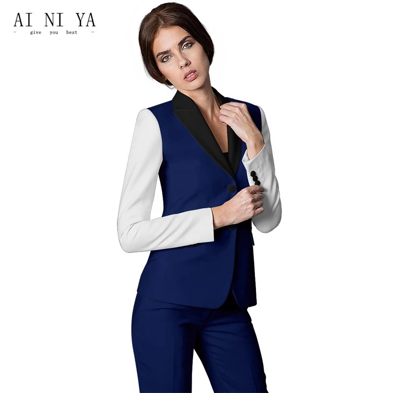 

Женские Брючные костюмы, модные белые темно-синие комбинированные деловые брючные костюмы, Униформа, Официальный пиджак, брюки, Женский комплект из 2 предметов