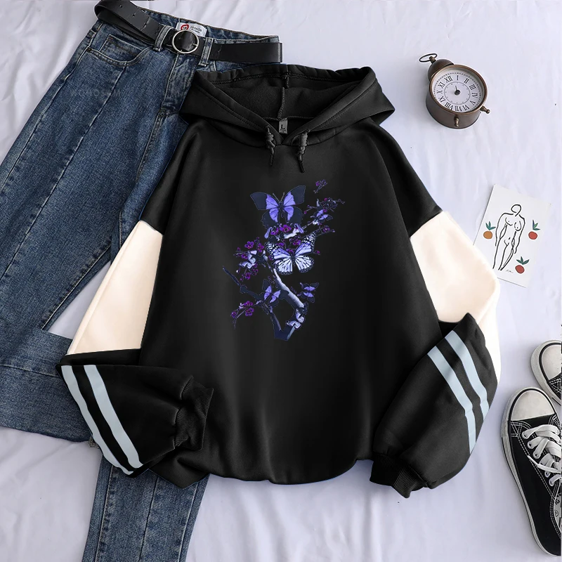 Модные крутые Мультяшные фиолетовые толстовки с принтом бабочки уличная одежда