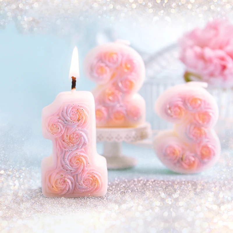 

Pink Rose Flower Candle For Cake Girl Birthday Toppers Confession Memorial Day Wedding Party Cupcake Number 0-9Baking Decoration