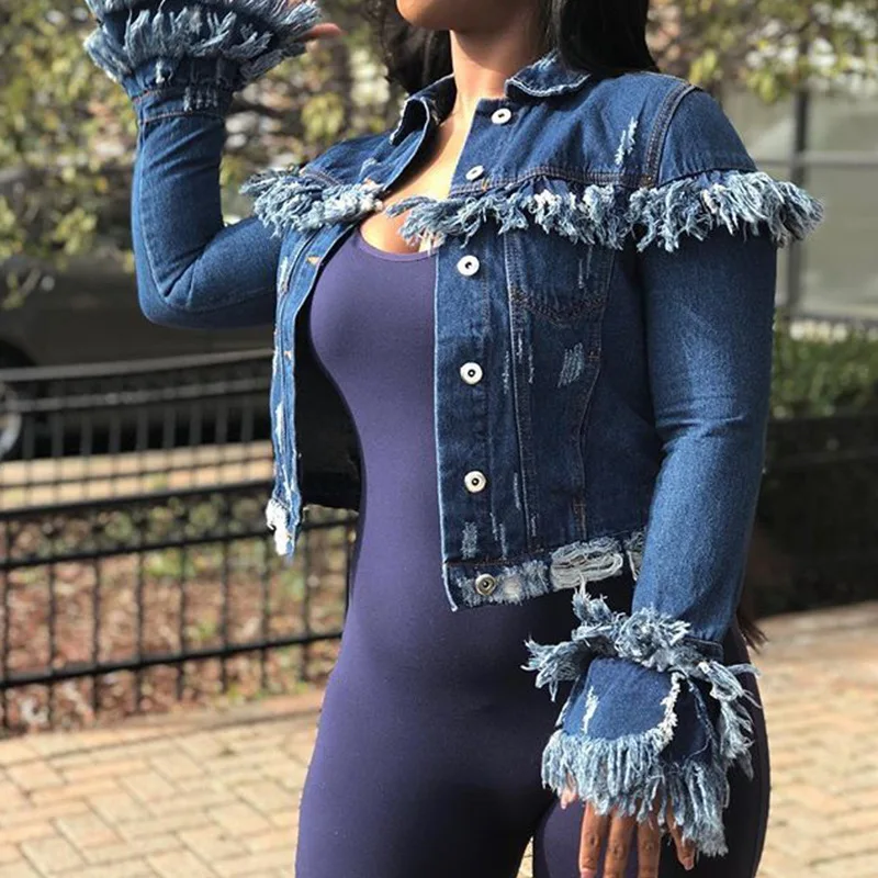 

Women Tassel Denim Crop Jacket 2019 Lady Harajuku Boyfriend Short Jeans Jackets Loose Long Sleeve Female Coat Causal Outerwear